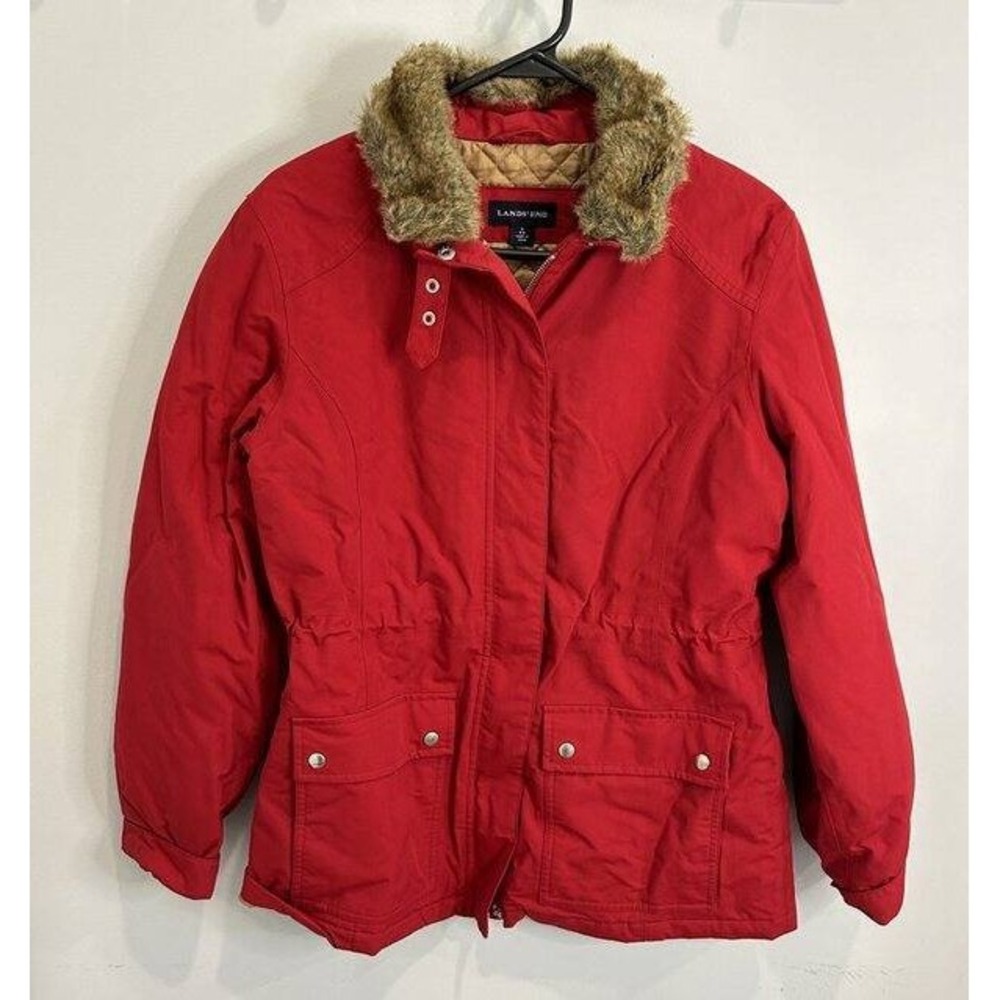 Lands End Womens Red Jacket Removeable Faux Fur Trim Collar Lined Full Zip S 6-8